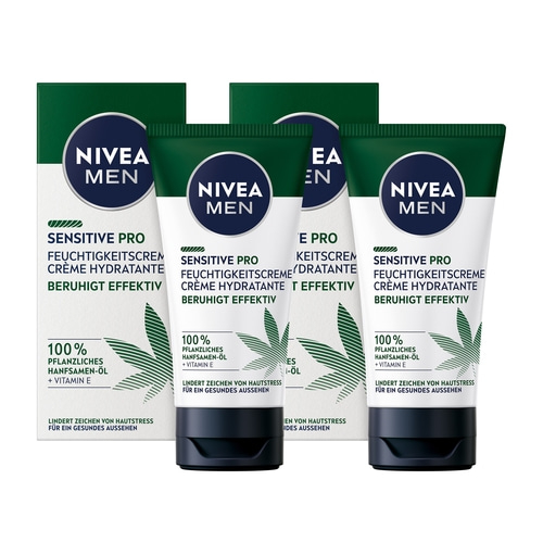 NIVEA MEN Feuchtigkeitscreme Sensitive Pro Hemp Hanfsamen-Öl Vegan 24h 2 x 75ml