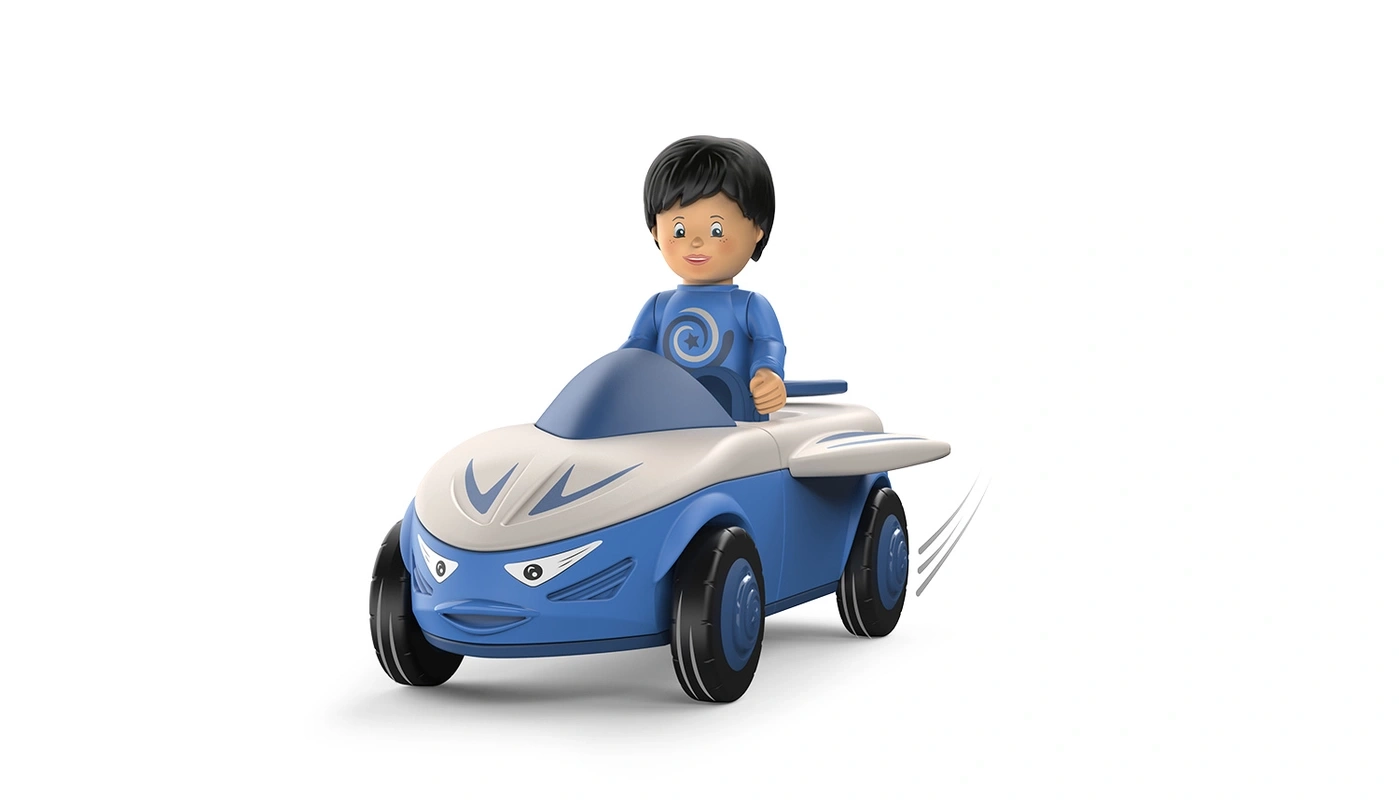Ein Junge in einem blauen Rennwagen mit weißen Akzenten fährt schnell.
