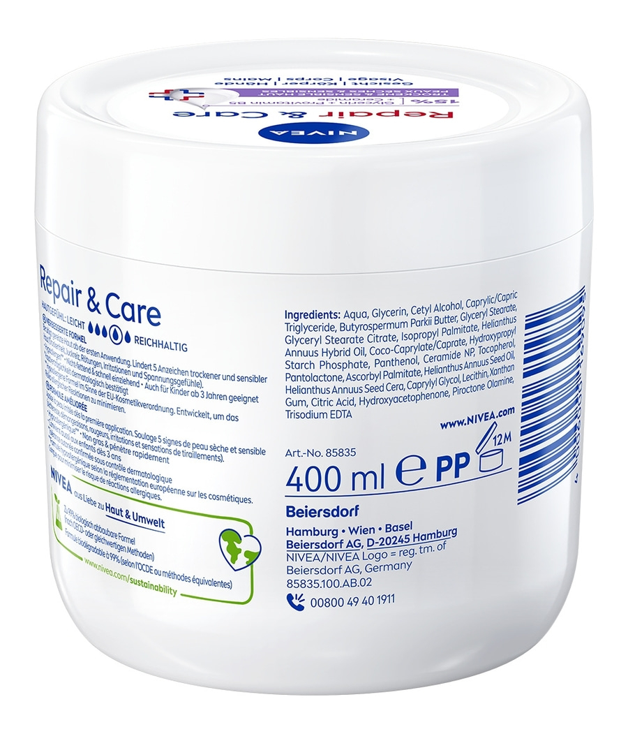 Nivea Repair & Care Creme, 400ml, Hautpflege, Feuchtigkeit, Beiersdorf, Produktverpackung