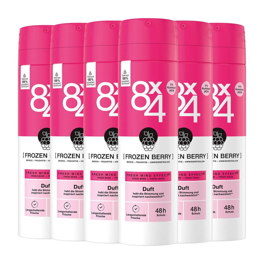 Sechs Deosprays mit pinken Deckeln und weißer Schrift, Frozen Berry, 48h Schutz, Langanhaltende Frische.