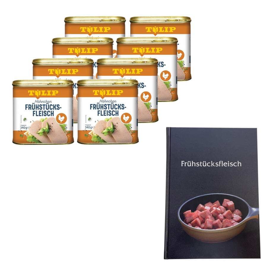 Dosen mit Hähnchen-Frühstücksfleisch und einem Kochbuch mit dem Titel Frühstücksfleisch