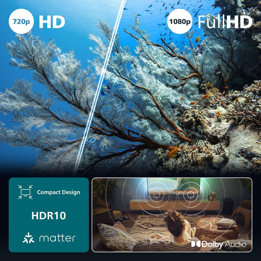 Ein Bild, das die Unterschiede zwischen 720p HD und 1080p Full HD zeigt, mit zusätzlichen Informationen zu HDR10 und Dolby Audio.
