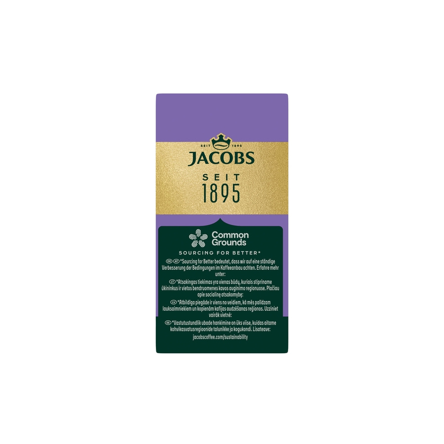 Jacobs Kaffeepackung mit Common Grounds Logo und Text über Nachhaltigkeit und Anbau.