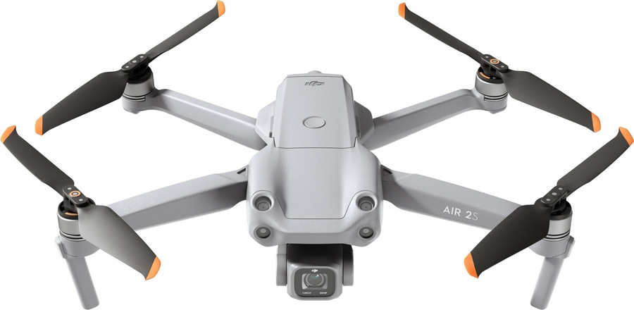 Drohne DJI Air 2S, grau, mit Propellern und Kamera, Luftaufnahme, Technologie