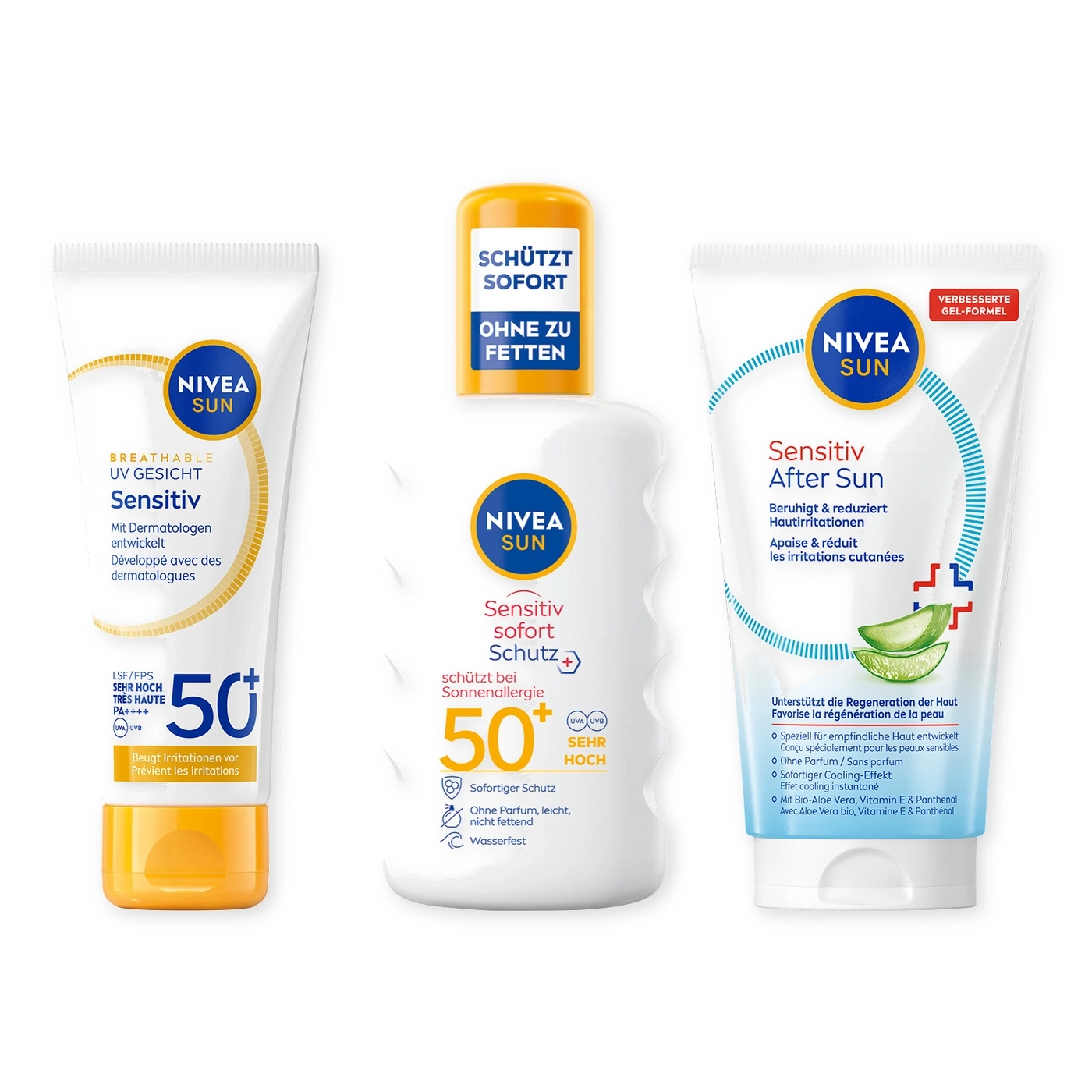 Drei Nivea Sun Produkte: Sonnencreme, Sonnenschutz und After Sun Lotion in einer Gruppe.
