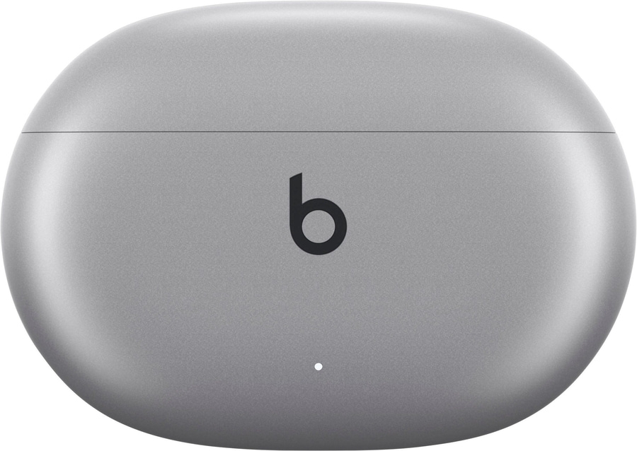 Graue Beats-Kopfhörer-Ladehülle mit dem Buchstaben b und einem weißen Punkt.