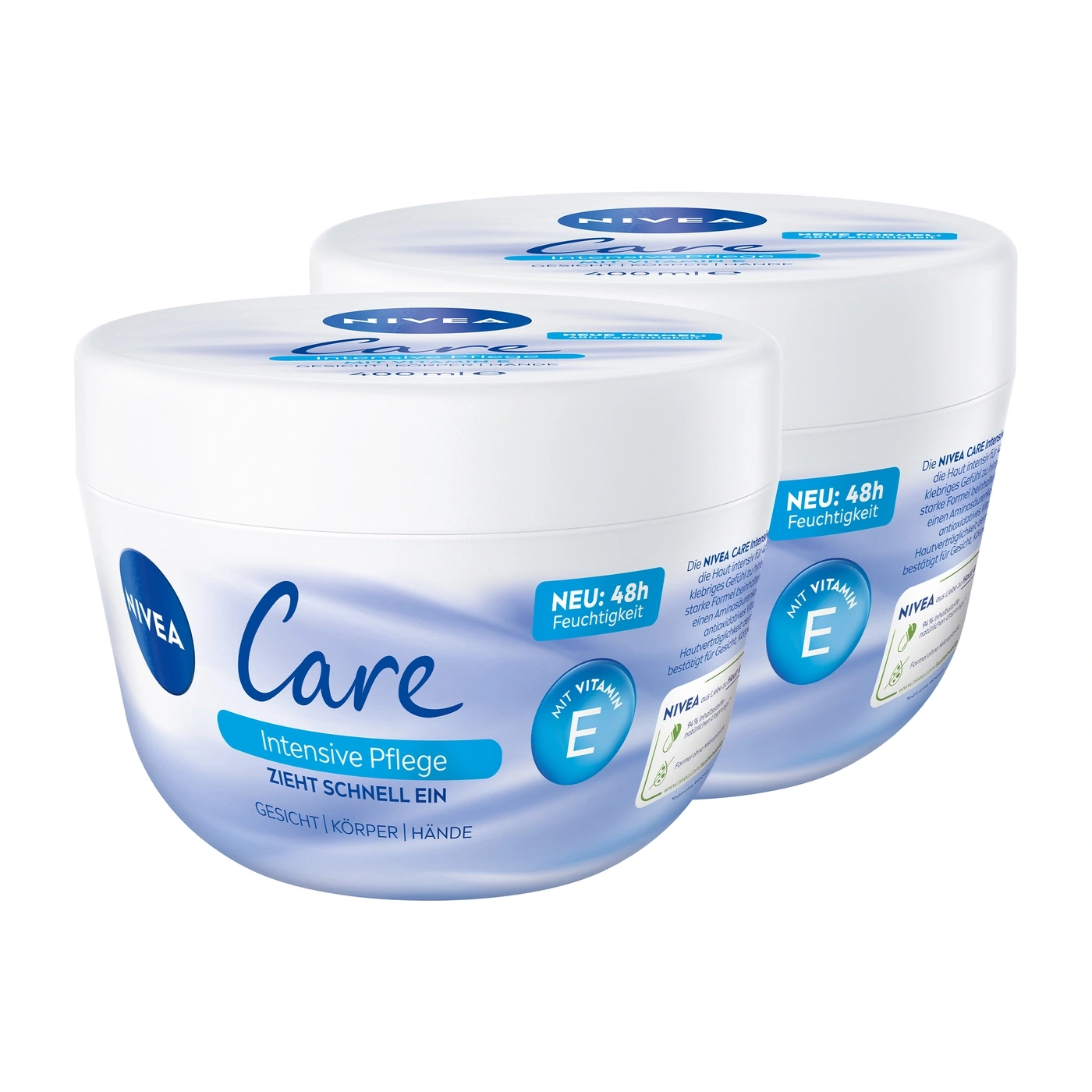 Zwei Nivea Care Intensivpflege Dosen mit Vitamin E, 400ml jeweils.