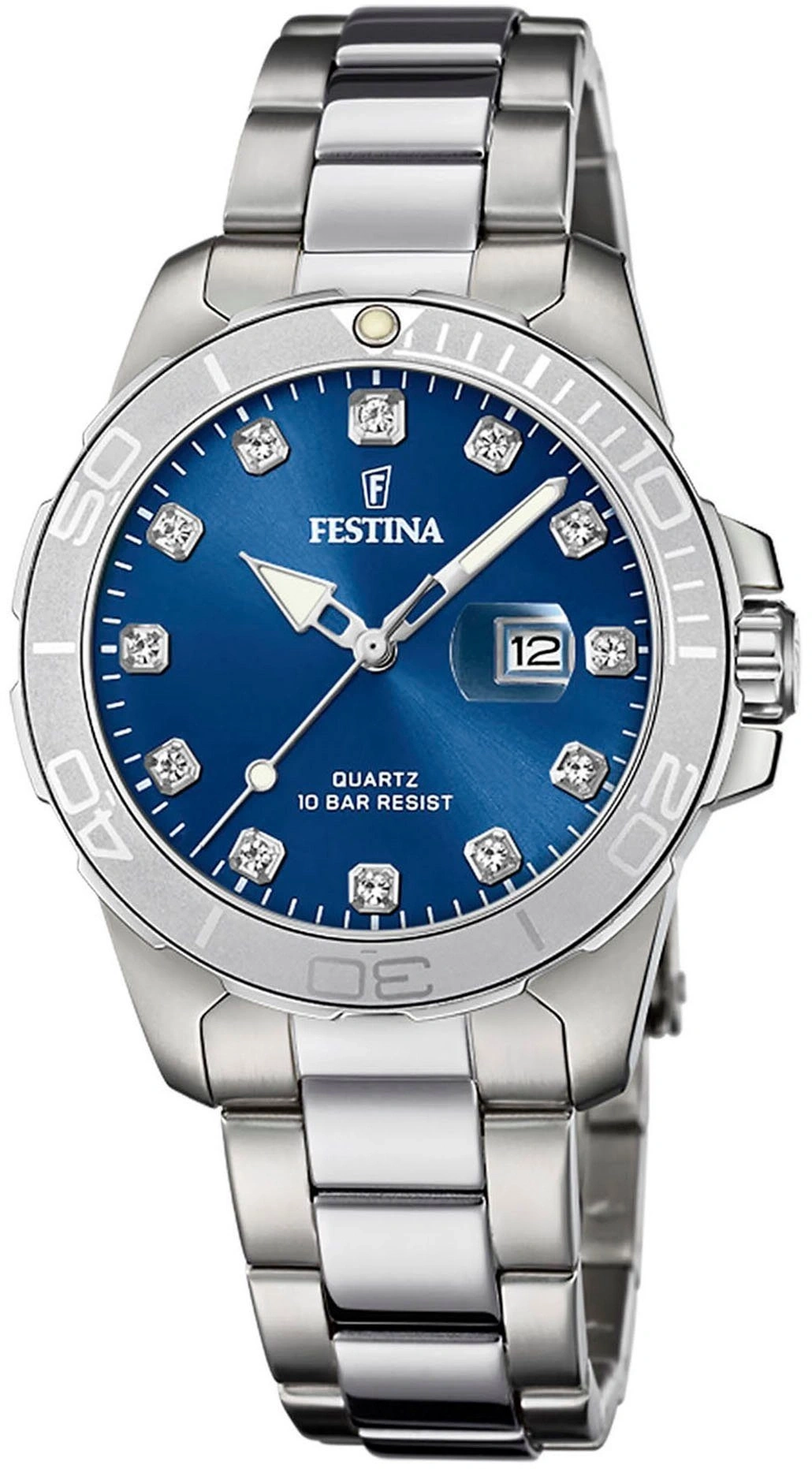 Festina Damenuhr mit blauem Zifferblatt und
diamantbesetzten Indizes