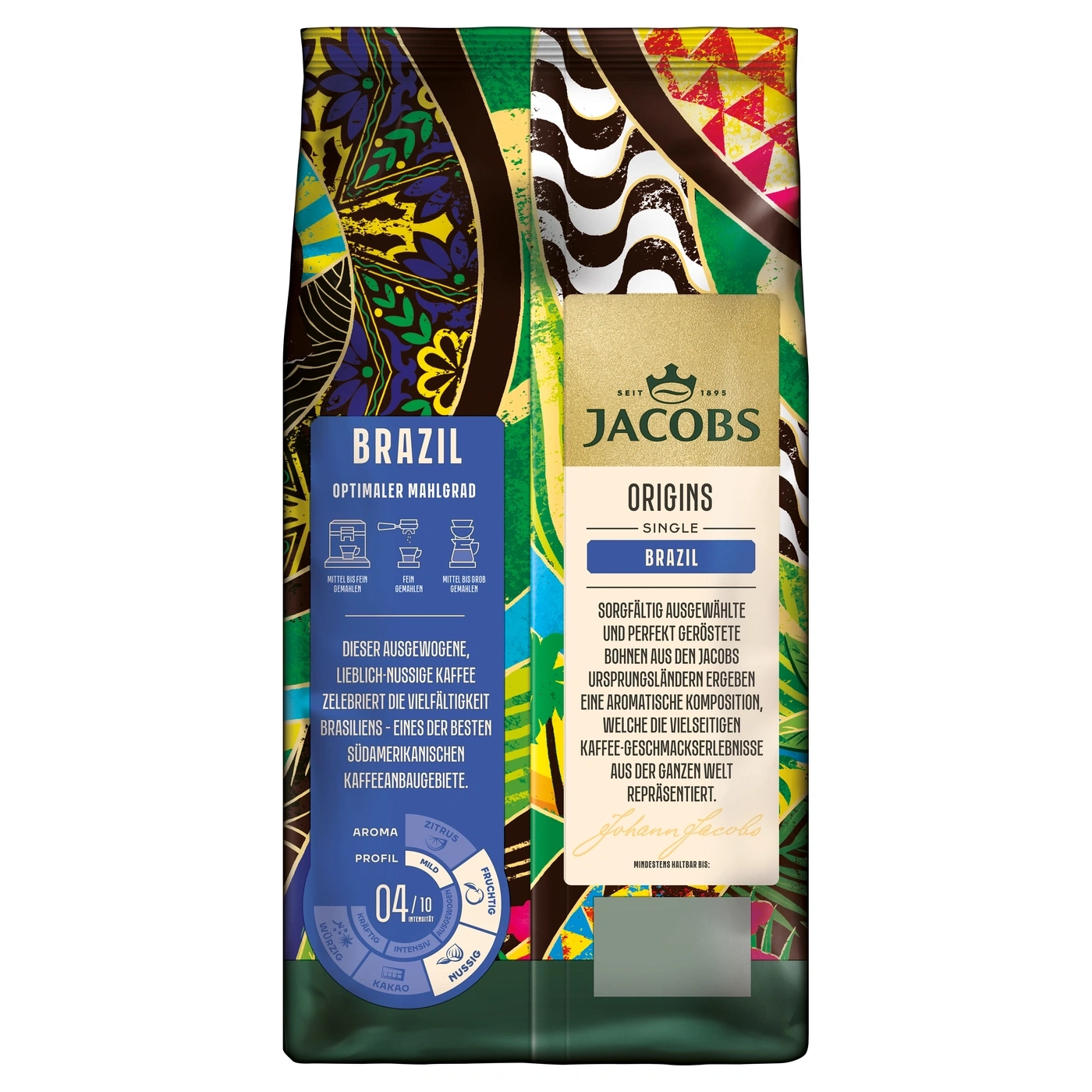 Kaffeepackung mit Jacobs Brazil Origins und bunten Ethno-Mustern