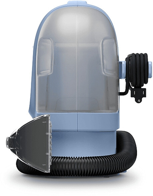 Blaues Reinigungsgerät mit Schlauch und Düse für Teppiche und Polster.