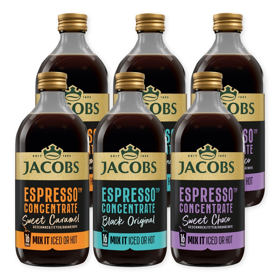 Sechs Flaschen Jacobs Espresso Konzentrat in verschiedenen Geschmacksrichtungen auf weißem Hintergrund.