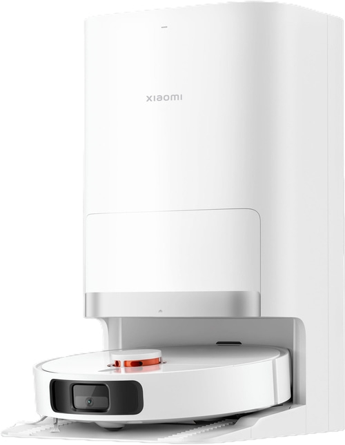 Weißer Roboter-Staubsauger mit Ladestation, Xiaomi-Logo, modernes Design, Haushaltsgerät