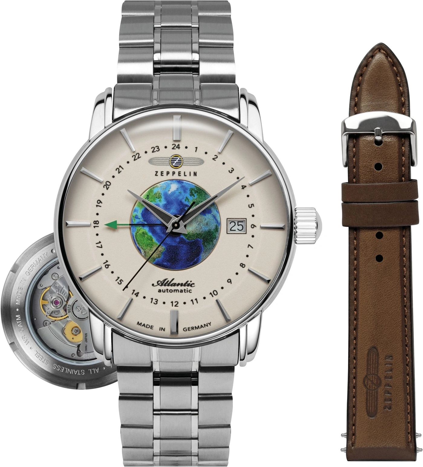 Zeppelin Atlantic Automatikuhr mit silbernem Armband und braunem Lederarmband