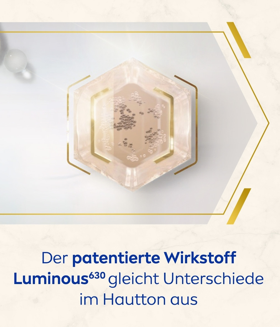 Produktwerbung mit Luminous630, Text, hexagonale Form, Hauttonausgleich, patentierter Wirkstoff