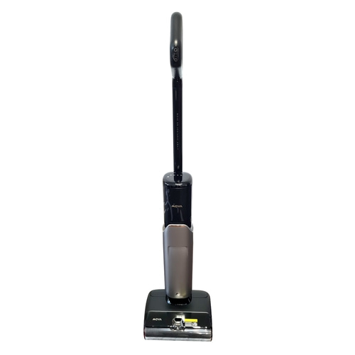 Schwarzer Staubsauger mit MOVA-Logo, auf weißem Hintergrund, vertikal