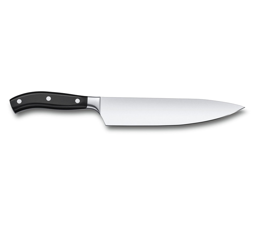 Küchenmesser mit schwarzem Griff und silberner Klinge auf weißem Hintergrund