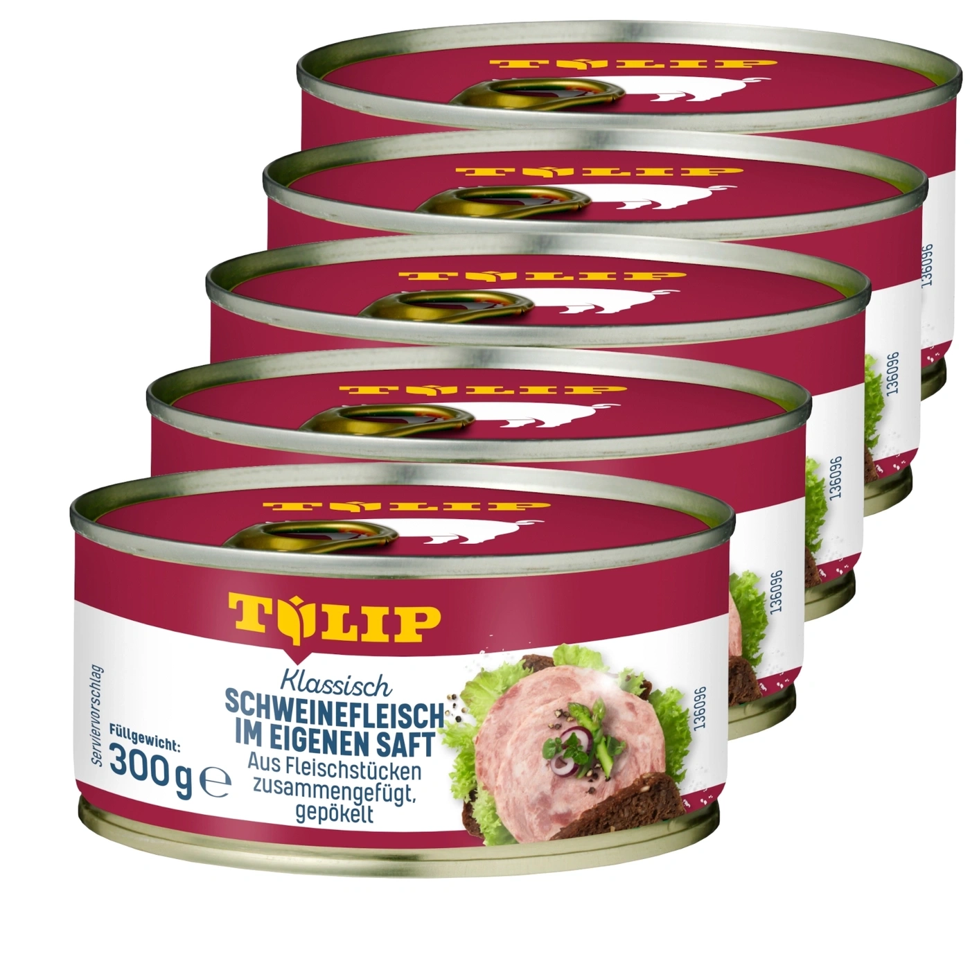 Dosen mit Schweinefleisch von Tulip, gestapelt, mit Bild von Scheiben und Salat