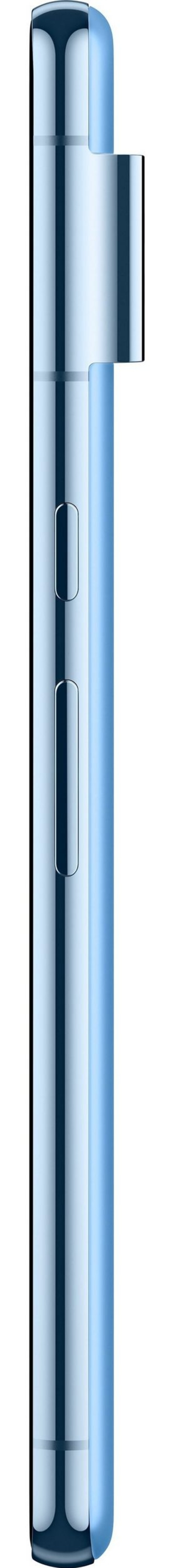 Blaues Smartphone mit Knöpfen an der Seite, Nahaufnahme, glänzend, modern