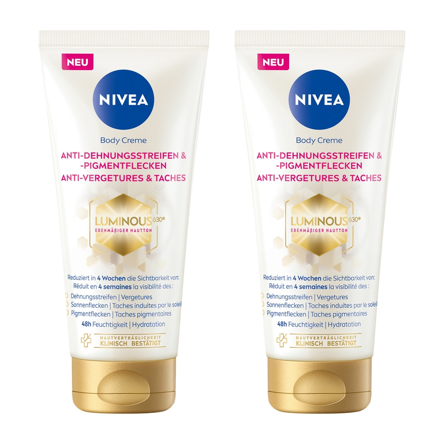 Zwei Nivea Body Creme Tuben mit Anti-Dehnungsstreifen und Pigmentflecken.
