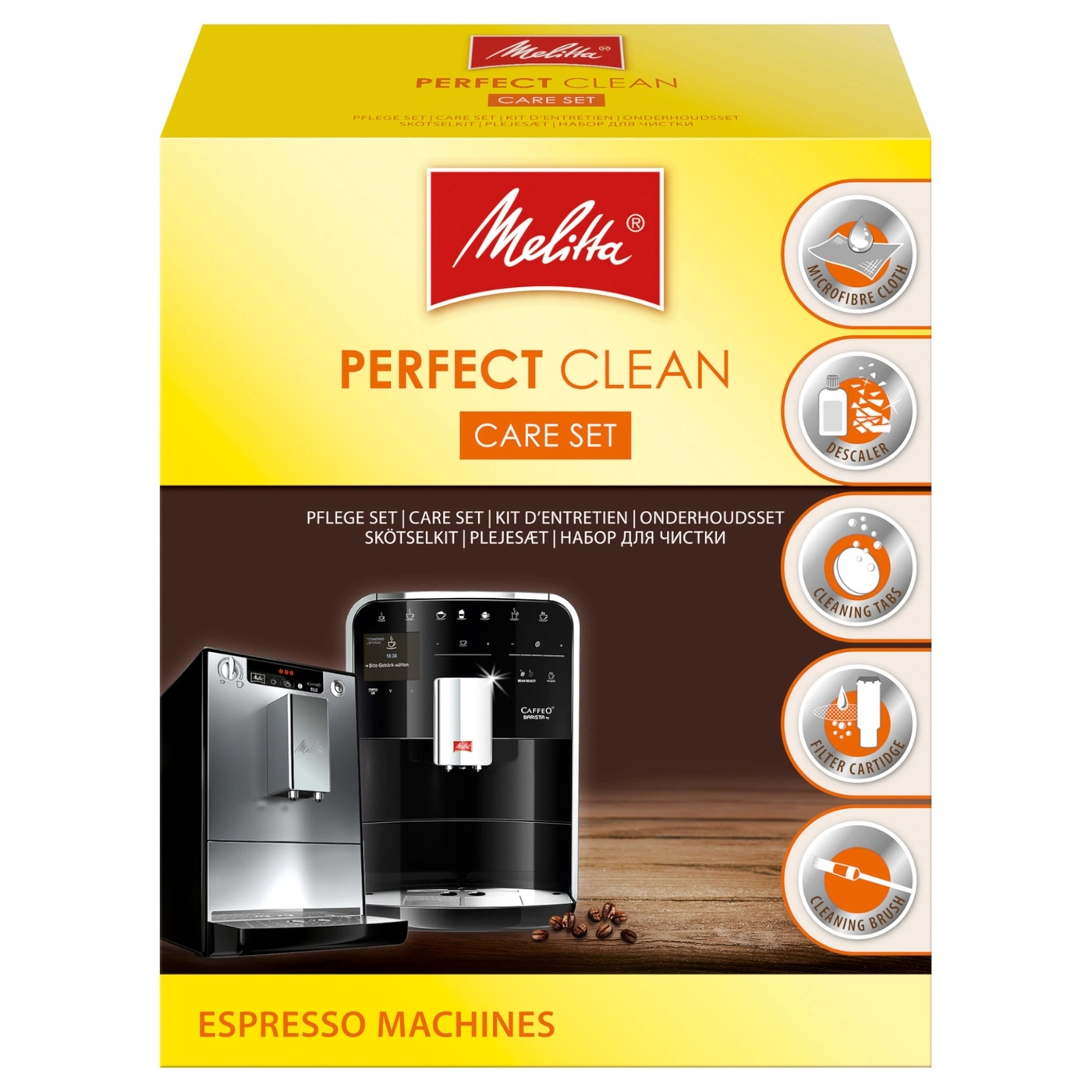 Melitta Perfect Clean Care Set für Espresso-Maschinen. Enthält Reinigungstabs, Filterkartusche, Bürste.
