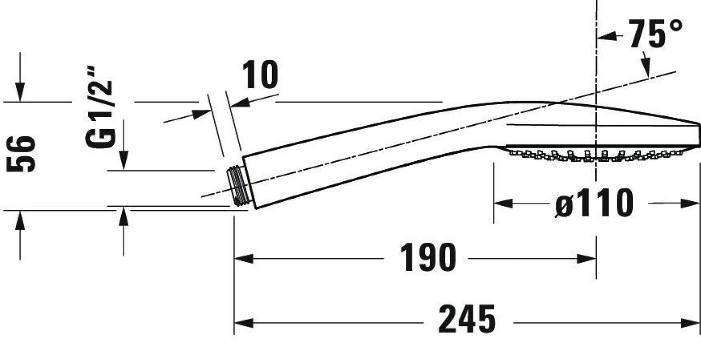 Duschkopf-Zeichnung mit Maßen: 56, G1/2", 10, 190, 245, Ø110, 75°