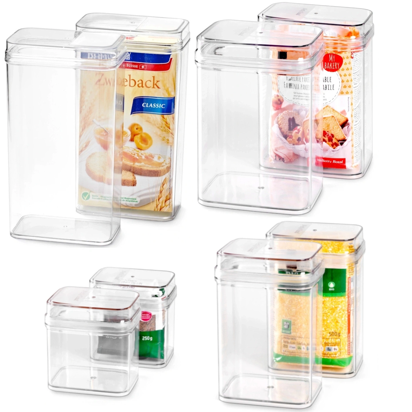 Transparente Vorratsbehälter mit Lebensmitteln wie Zwieback, Brot und Nudeln, quadratisch