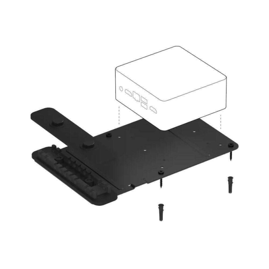 Schwarze Halterung für einen Mini-PC, mit Schrauben und einer optionalen Halteleiste.
