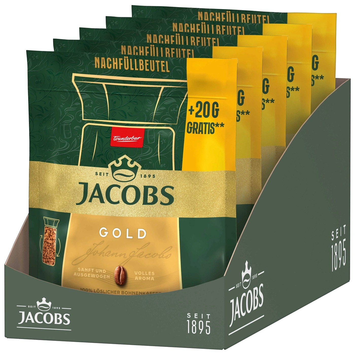 Jacobs Gold Kaffee Nachfüllbeutel im Display, 100% löslicher Bohnenkaffee, +20G gratis