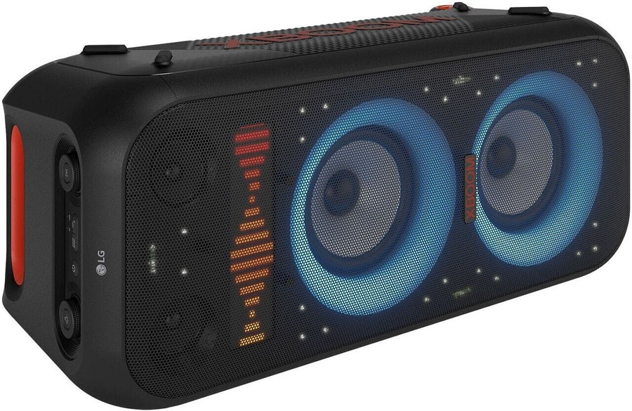 Schwarzer LG XBOOM-Lautsprecher mit blauen Lichtern und roter Akzentfarbe.