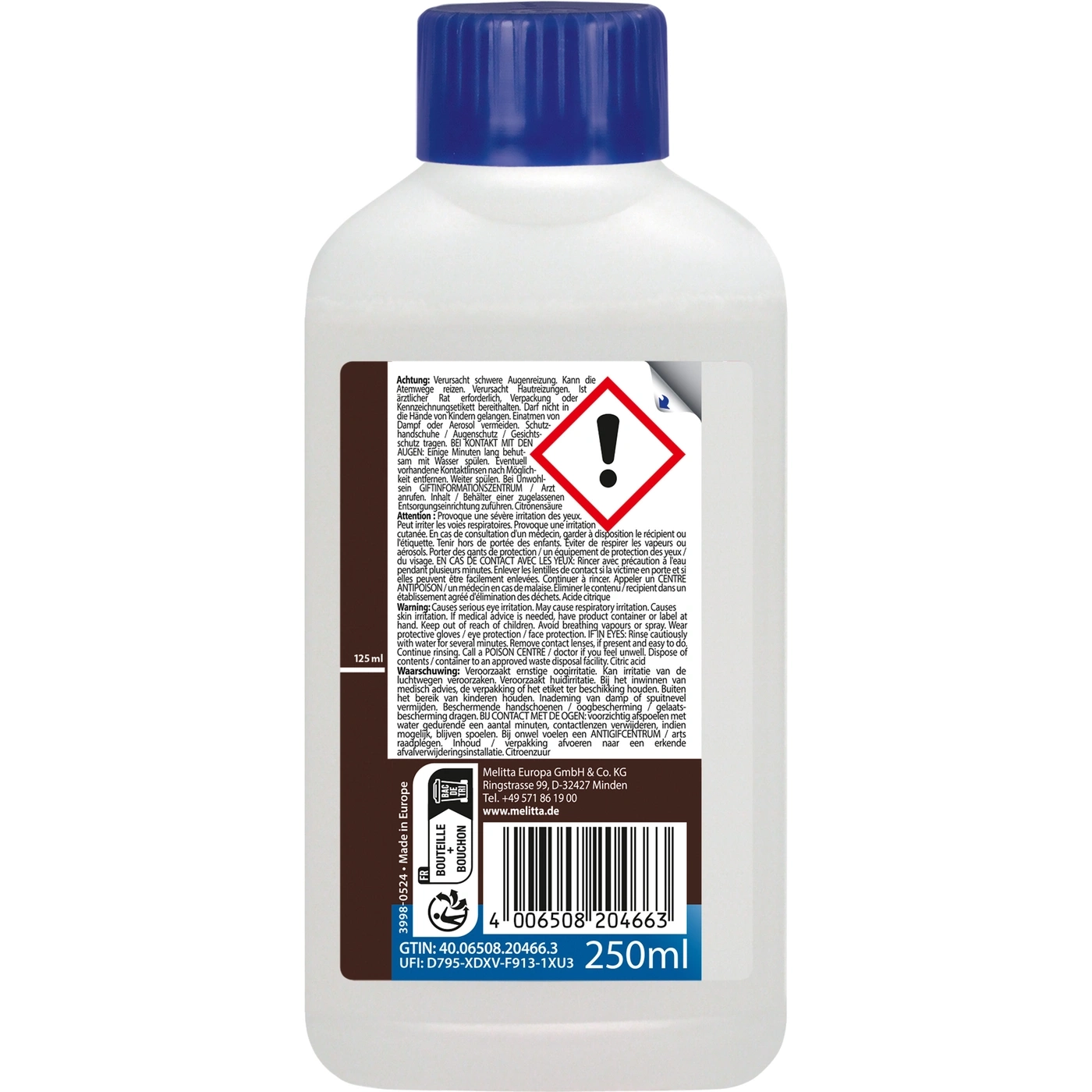 Flasche mit Warnhinweis, 250ml, enthält Zitronensäure, verursacht Augenreizung, Hautirritation, Atemwegsreizung.