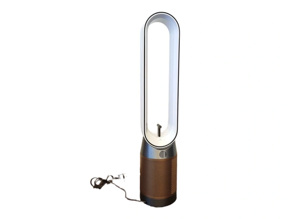 Ein Dyson Luftreiniger mit einem ovalen oberen Teil und einem zylindrischen unteren Teil auf weißem Hintergrund.