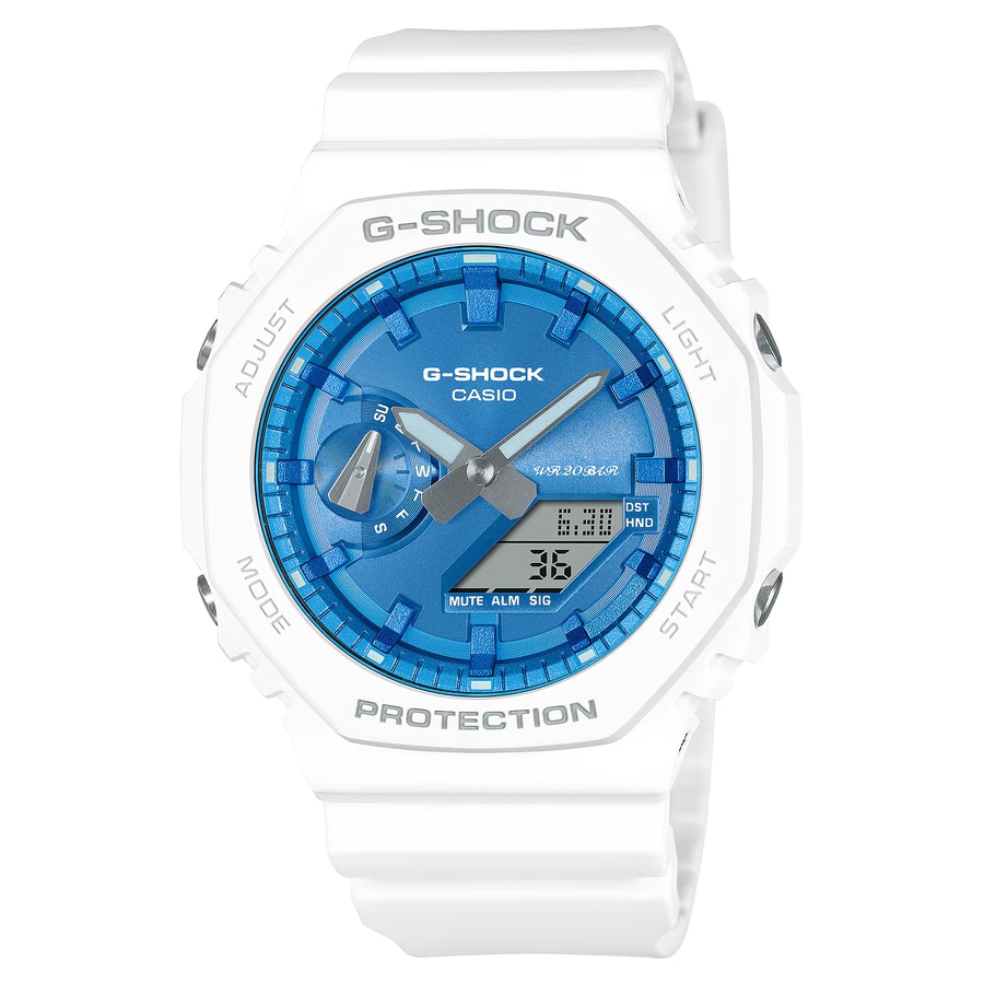 Weiße G-Shock-Uhr mit blauem Zifferblatt und digitaler Anzeige. Sportliches Design.