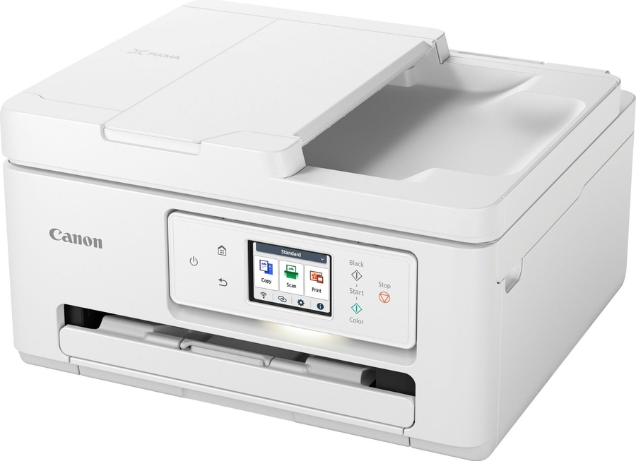 Weißer Canon Pixma Drucker mit Bedienfeld und Scan-Funktion. Kopieren, Scannen und Drucken.