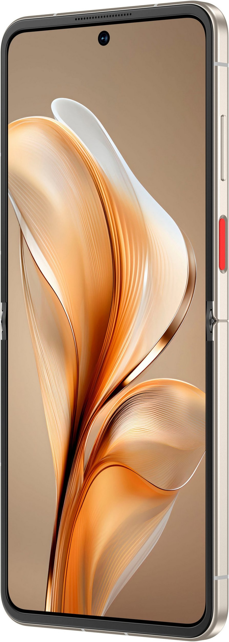 Goldenes Smartphone mit schwarzem Rahmen und rotem Knopf, Nahaufnahme, abstraktes Design