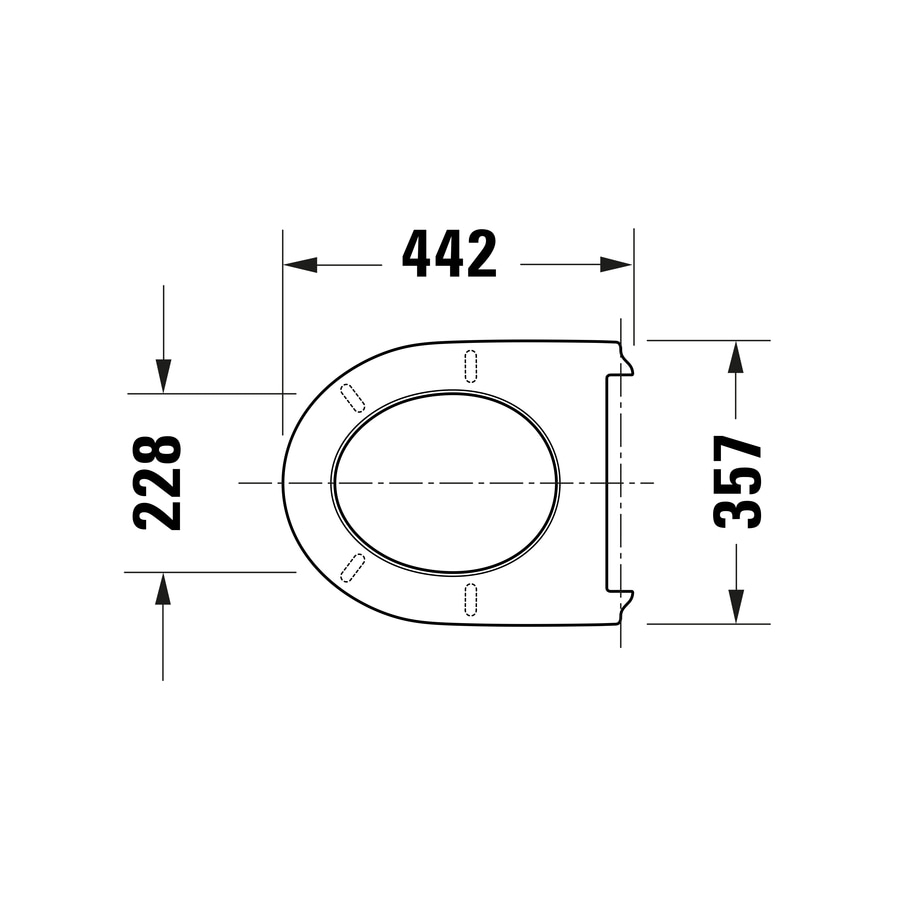 Abmessungen einer Toilettensitzes: 228mm, 442mm, 357mm. Technische Zeichnung mit Maßangaben.