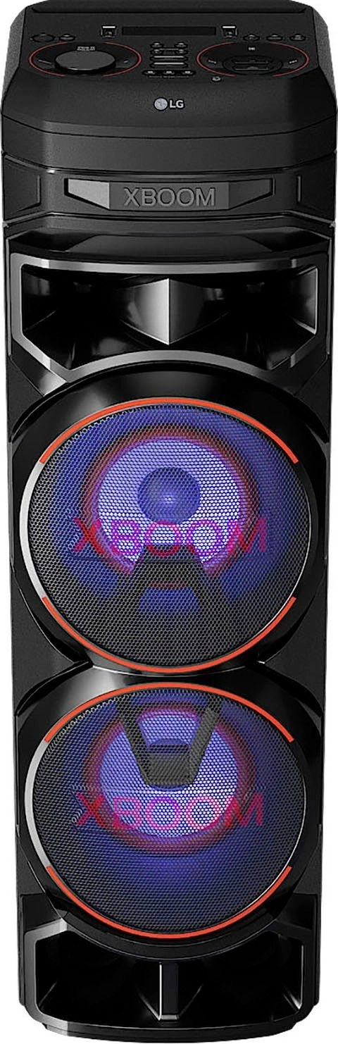 Ein schwarzer LG XBOOM Lautsprecher mit blauen Lichtern.