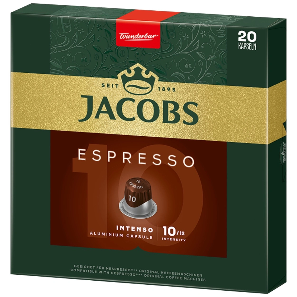 Eine Packung Jacobs Espressokapseln mit roten und goldenen Akzenten.