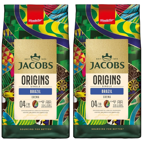 JACOBS Kaffeebohnen Origins Brazil geröste ganze Bohne 2x 1 kg Bohnenkaffee