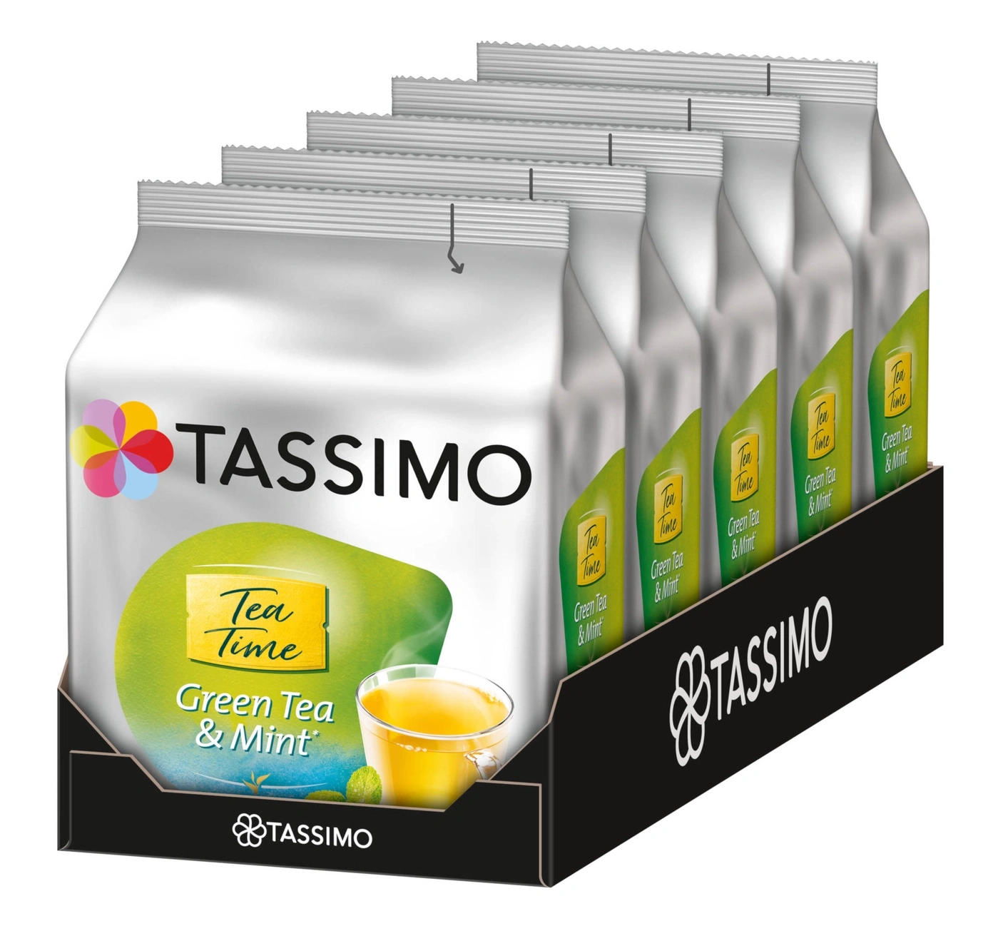 Tassimo Tee Green Tea & Mint Packung mit mehreren Beuteln, bereit zum Aufbrühen.