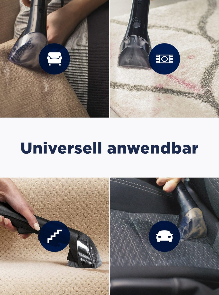 Reinigung von Möbeln, Teppichen und Autositzen mit einem Reinigungsgerät. Universell anwendbar.