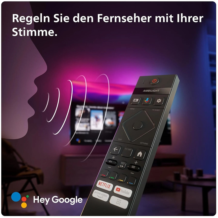 Fernseher mit Stimme steuern. Hey Google, Netflix, YouTube. Fernbedienung mit Ambilight.