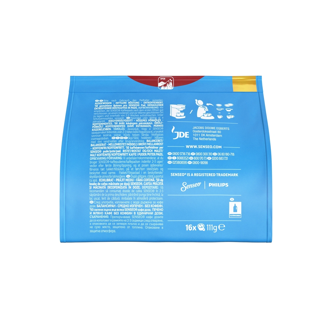 Senseo Kaffee Pads Packung mit Produktinformationen und Warnhinweisen