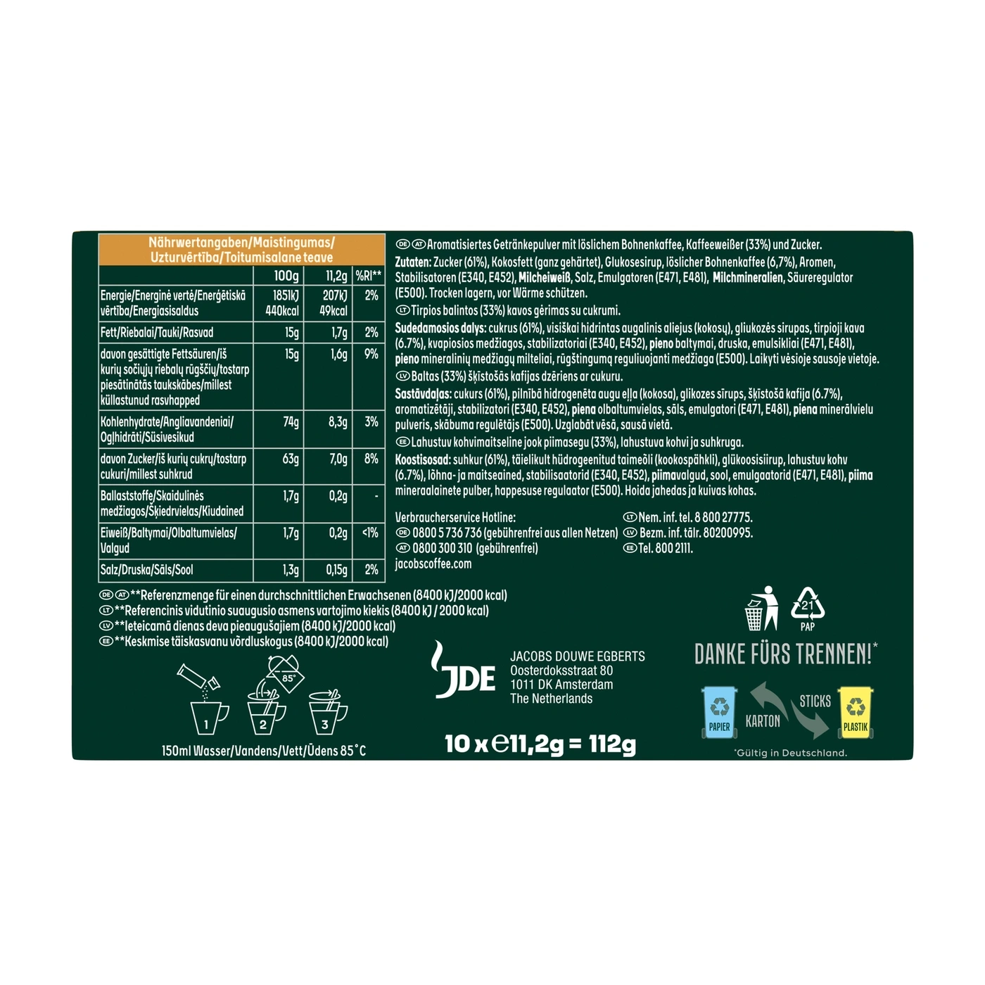 Nährwertangaben und Zubereitungshinweise für aromatisiertes Getränkepulver mit löslichem Bohnenkaffee