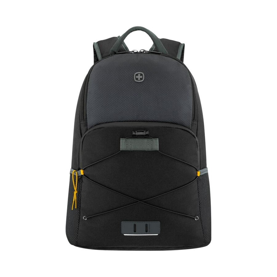 Schwarzer Rucksack mit gelben Akzenten und Logo, ideal für den Alltag.