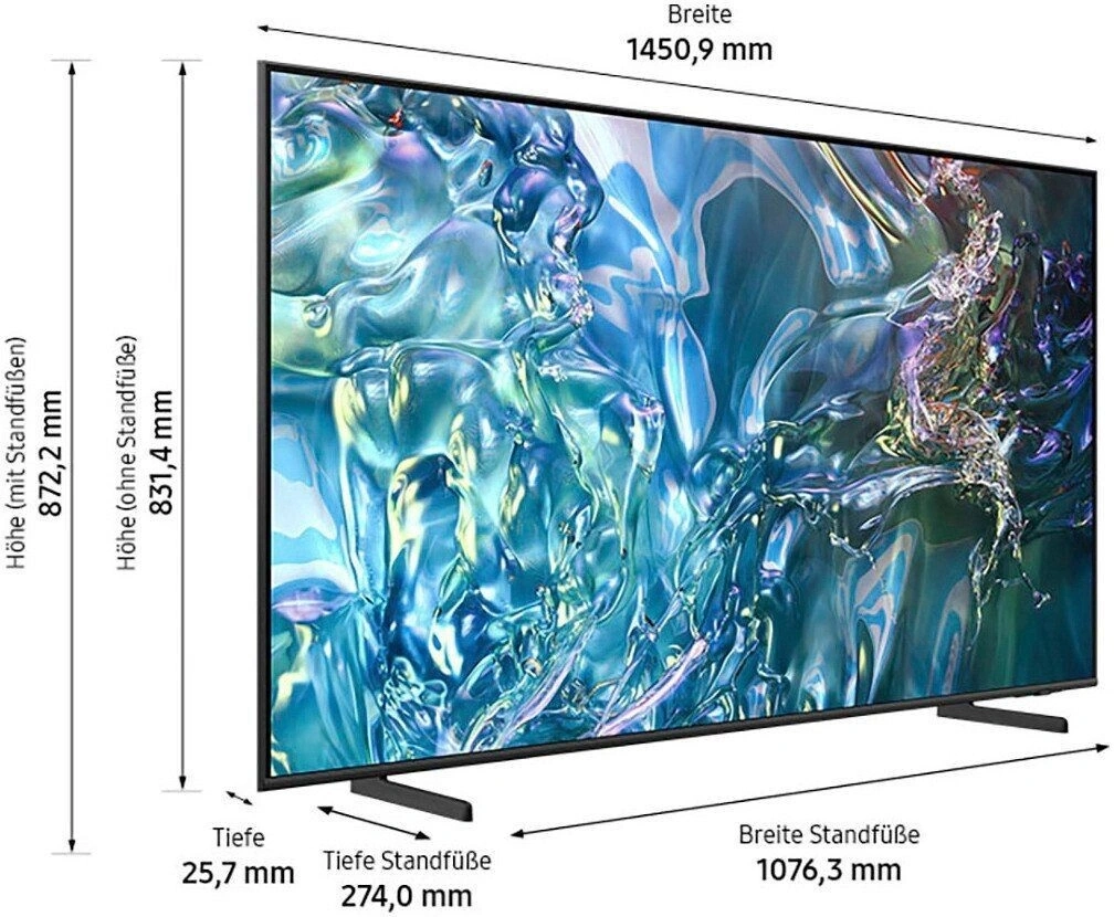 Der Fernseher hat eine Breite von 1450,9 mm, eine Höhe mit Standfüßen von 872,2 mm und eine Tiefe von 25,7 mm.
