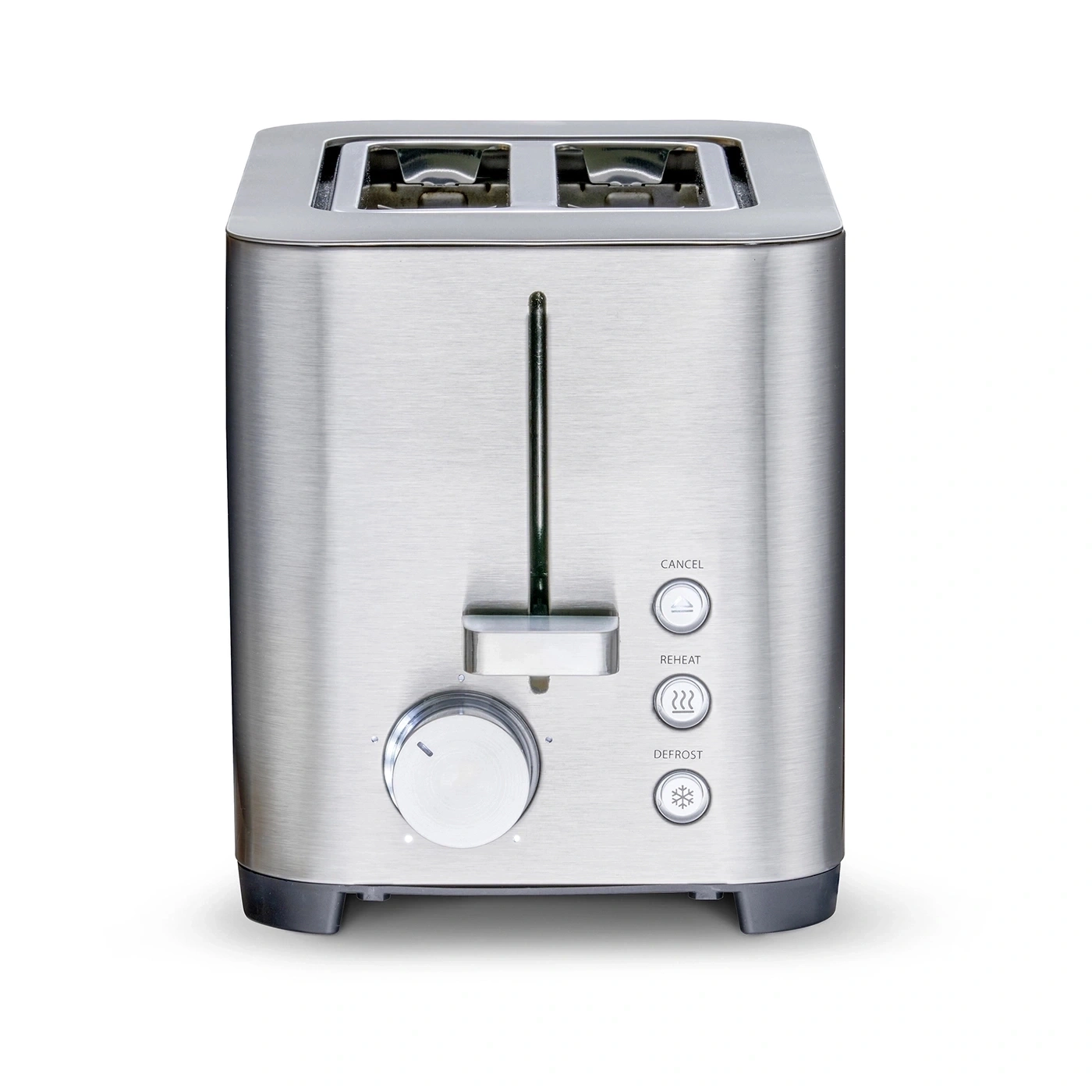 Edelstahl-Toaster mit Bräunungsregler und Funktionstasten.