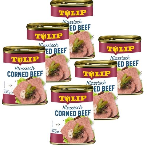 Sechs Dosen TULIP Klassisch CORNED BEEF mit Essiggurken und Salat. 