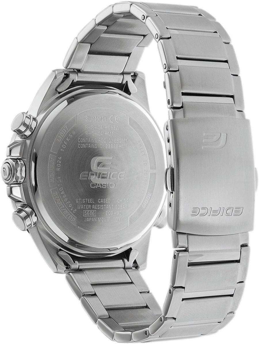 Die Rückseite einer silbernen Casio Edifice Uhr mit Bluetooth