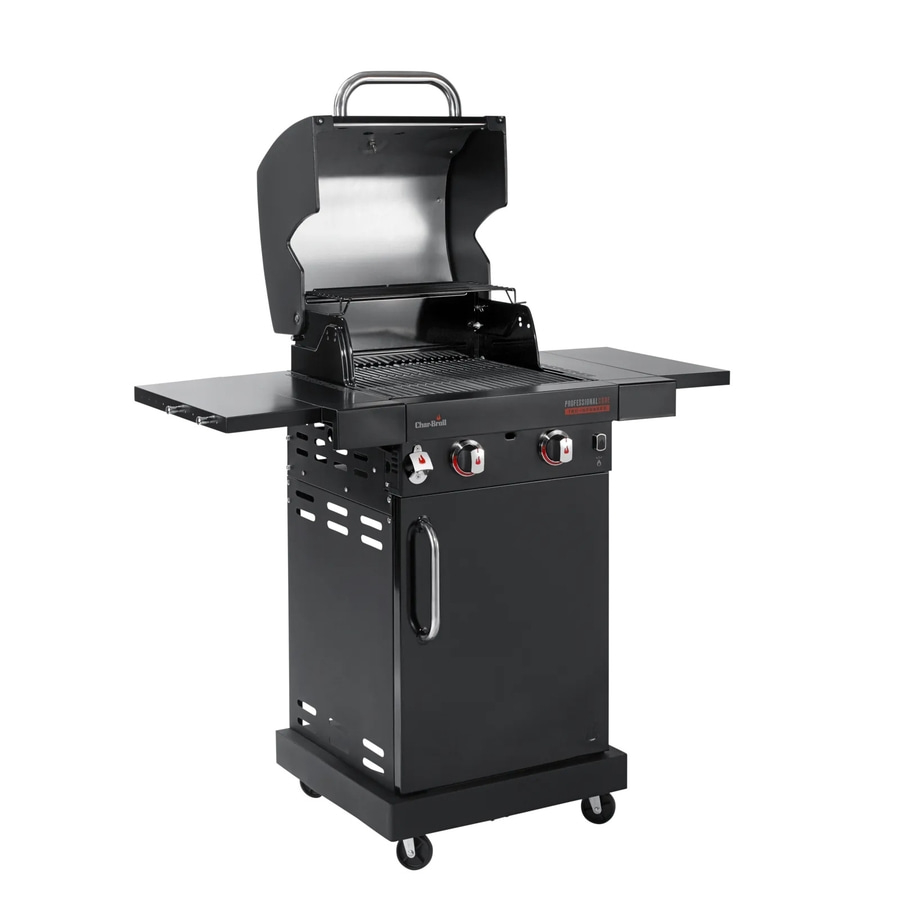 Schwarzer Gasgrill mit zwei Kochfeldern und ausklappbaren Seitentischen