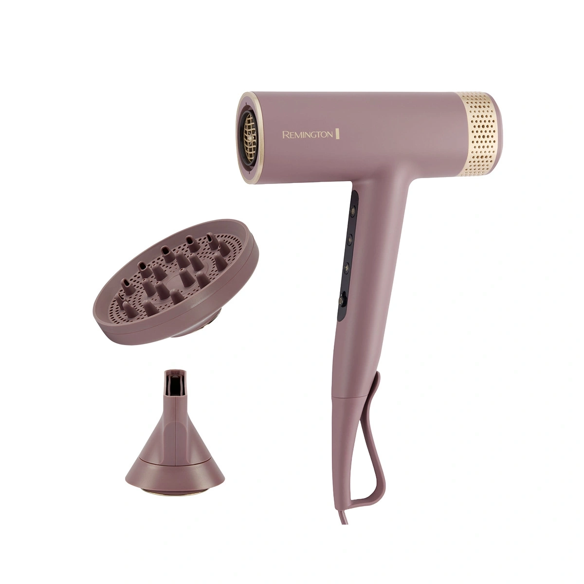 Haartrockner mit Aufsätzen, rosa, Remington, isoliert auf weißem Hintergrund